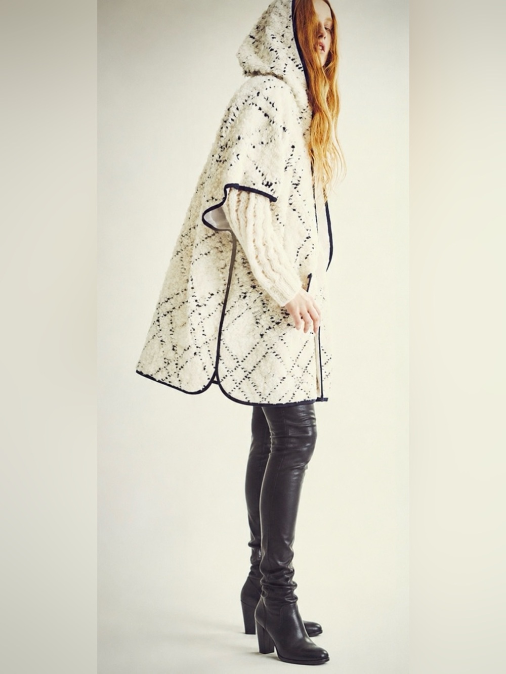 Ulla Johnson Wool Blend Boucle Poncho Cape White Black Boho Cottagecore One Size